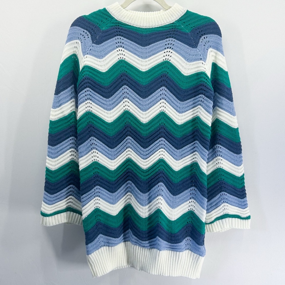 Tuckernuck Hyacinth House Beatriz Aqua Wavy Stripe Bell Sleeve Sweater Dress XXS - Picture 2 of 8